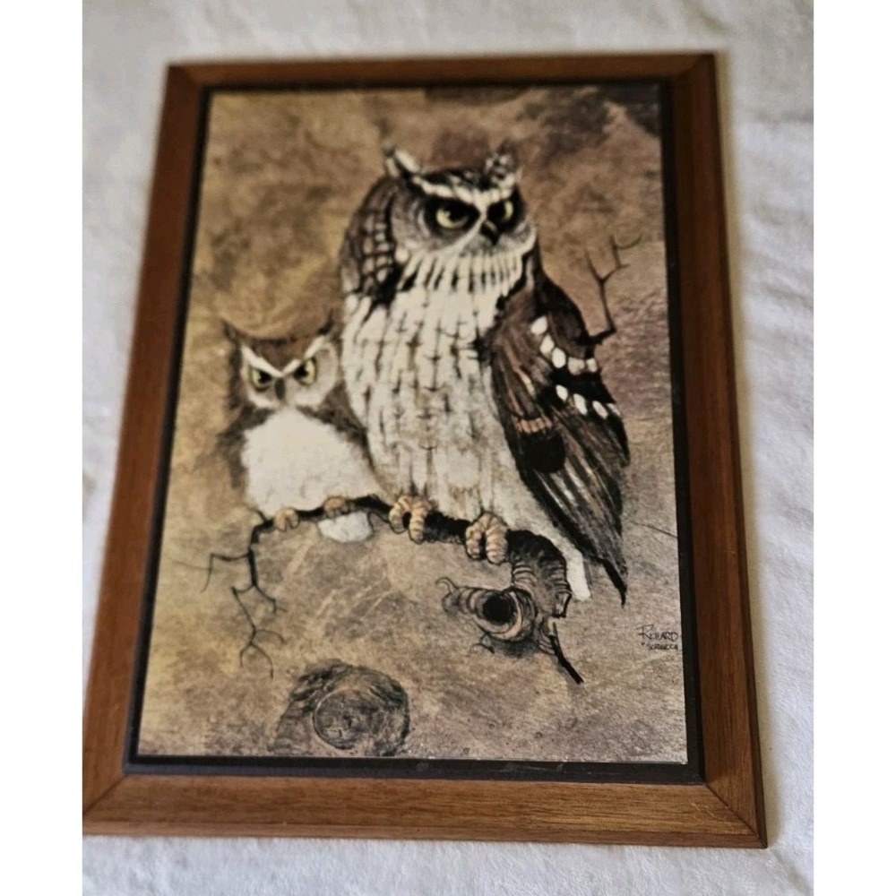 Richard Hinger Retro Lithograph "Screech" Owls Wooden Frame 1970s Vintage